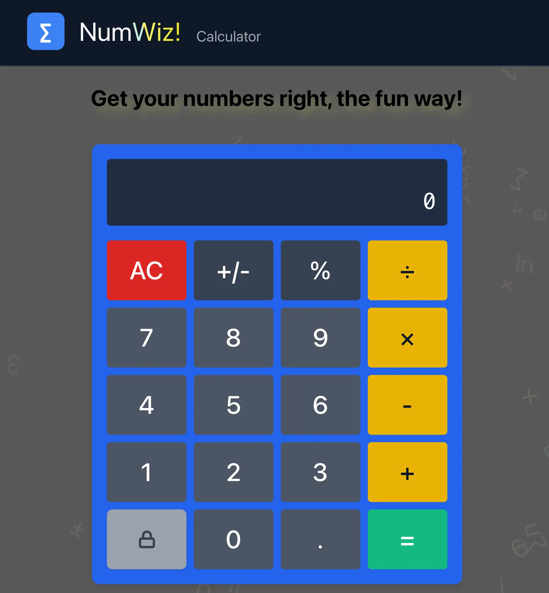 Screenshot of NumWiz calculator web app