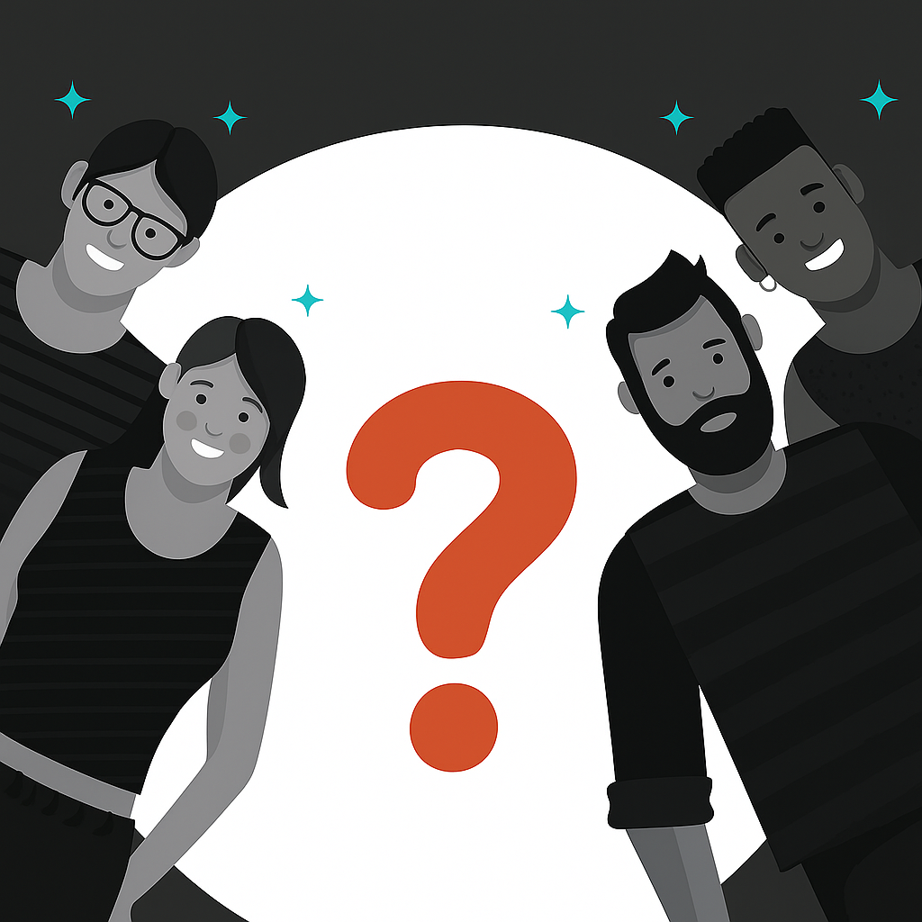 Ilustración de cuatro amigos alrededor de un signo de interrogación